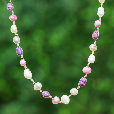 Beaded Necklace with Purple Pink Grey White Cultured Pearls