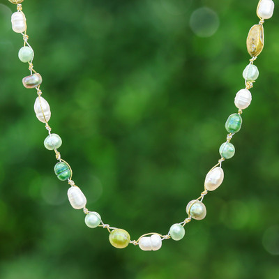 Beaded Necklace with Peacock Green and White Cultured Pearls