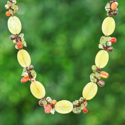 Quartz Peridot Carnelian Pearl and Glass Beaded Necklace