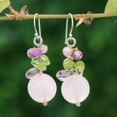 Thai-Made Multi-Gemstone Cluster Earrings in Pale Pink Hues