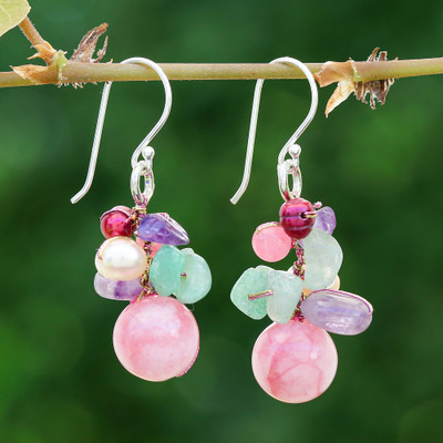 Artisan-Made Pink-Palette Multi-Gemstone Cluster Earrings