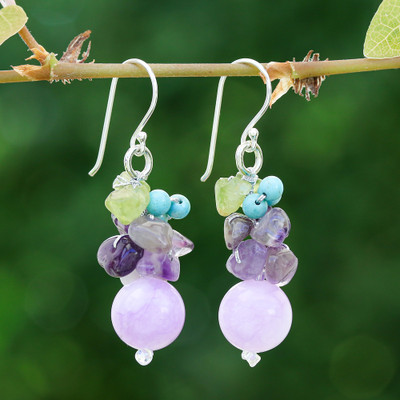 Purple-Palette Multi-Gemstone Cluster Earrings from Thailand