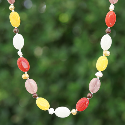 Colorful Quartz Cultured Pearl and Glass Beaded Necklace
