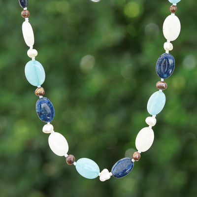 Blue White Quartz Cultured Pearl and Glass Beaded Necklace