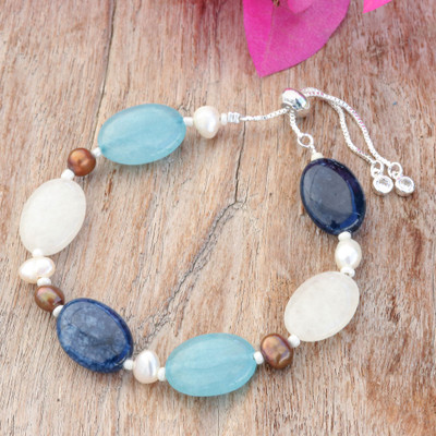 Blue White Quartz Cultured Pearl and Glass Beaded Bracelet