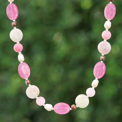 Pink Quartz Cultured Pearl and Glass Beaded Necklace