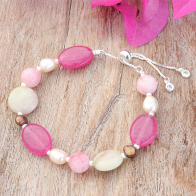 Pink Quartz Cultured Pearl and Glass Beaded Bracelet