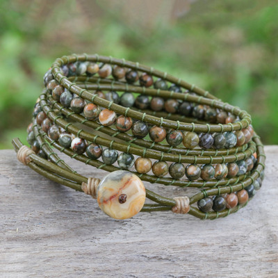 Handcrafted Jasper Wrap Bracelet with Green Leather Cord