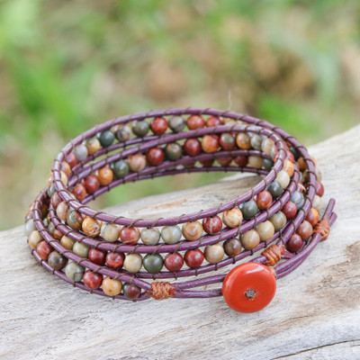 Jasper Wrap Bracelet with Brown Leather Cord from Thailand