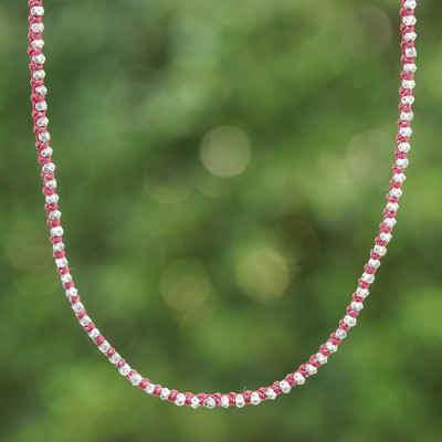 Adjustable Red Choker Necklace with Hill Tribe Silver Beads