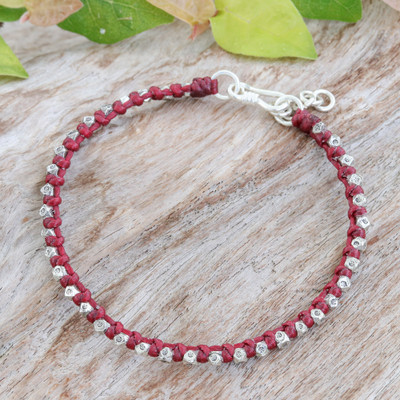 Hill Tribe Silver Beaded Wristband Bracelet with Red Cord